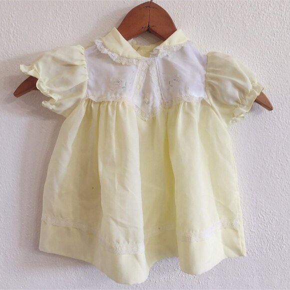 Unbranded Other - Vintage Light Yellow & Lace Dress Short Sleeve Floral Crossstitch Girls 18M